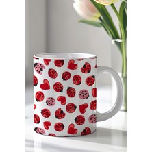 YasBey Design Uğur Böceği ve Kalp Desenli 330ML Baskılı Beyaz Seramik Kupa Bardak