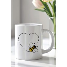 YasBey Design Kalp Izli Arı Desenli 330ML Baskılı Beyaz Seramik Kupa Bardak