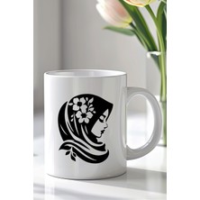 YasBey Design Çiçek Detaylı Başörtülü Kadın Silüet 330ML Baskılı Beyaz Seramik Kupa Bardak