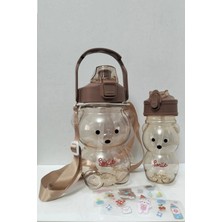 Rosemor 2'li Ayıcık  Şeffaf MATARA1000+400ML Çocuk Su Şişesi Pipetli Sızdırmaz Kapaklı Suluk Seti