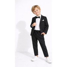 Cansın Mini Siyah Keten Ceket ve Pantolonlu Erkek Çocuk Papyonlu 4lü Takım Elbise  23521