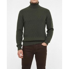 Italyan Stil Slim Fit Boğazlı Triko Erkek Kazak Haki T13254