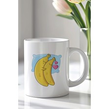 YasBey Design Sevimli Muz Çifti Temalı 330ML Baskılı Beyaz Seramik Kupa Bardak