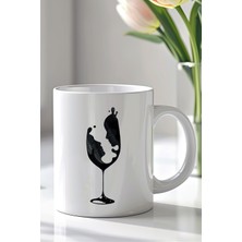 YasBey Design Minimal Şarap Kadehi Silüetli 330ML Baskılı Beyaz Seramik Kupa Bardak