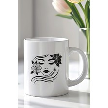 YasBey Design Geometrik Kadın Yüzü Desenli 330ML Baskılı Beyaz Seramik Kupa Bardak