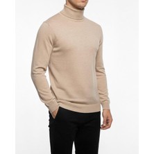 Italyan Stil Slim Fit Balıkçı Yaka Erkek Triko Kazak Bej T15101
