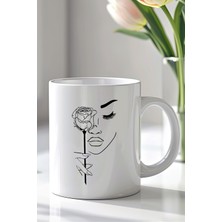 YasBey Design Minimal Gül ve Kadın Yüzü Desenli 330ML Baskılı Beyaz Seramik Kupa Bardak