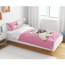 Sarel Pembe Buldog Baskılı 3D Tek Kişilik Nevresim