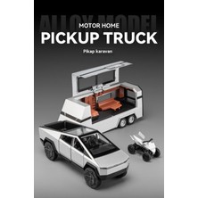 Craftivio 1:32 Ölçek Metalik Gri Ince Detay Işıklı Sesli Karavan ve Motorlu Metal Tesla Cybertruck Seti 37 cm