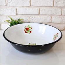 abnturk 8 Lt 41CM Jumbo Boy Beyaz Çinko Emaye Hamur Leğeni Retro Beyaz Çinko Içi Çiçekli Yuvarlak Meyvelik