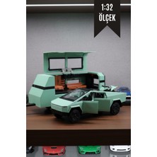 Craftivio 1:32 Ölçek Mint Yeşili Ince Detay Işıklı Sesli Karavan ve Motorlu Metal Tesla Cybertruck Seti 37 cm
