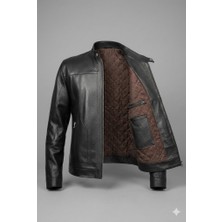 VERRA Erkek Siyah %100 Hakiki Deri Mont - Hakim Yaka Slim Fit Içi Kapitone Astarlı Ceket