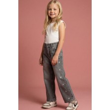 Monila Kız Çocuk Gri Yıldız Nakışlı Kot Pantolon