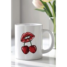 YasBey Design Kiraz ve Dudak Figürlü 330ML Baskılı Beyaz Seramik Kupa Bardak