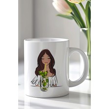 YasBey Design Minimal Kadın Çizimi Tasarımlı 330ML Baskılı Beyaz Seramik Kupa Bardak
