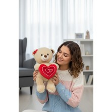 Craftivio Kırmızı Tokalı Sevimli Yumuşacık 35 cm Kalpli Peluş Ayıcık Uyku Arkadaşı Hediyelik