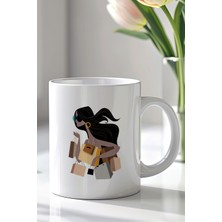 YasBey Design Alışveriş Temalı Kadın Figürlü 330ML Baskılı Beyaz Seramik Kupa Bardak