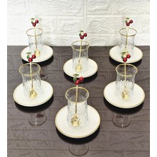 Atabey Home 18 Parça Porselen Tabaklı Çay Seti-6 Bardak-6 Tabak-6 Kiraz Kaşık Odin Bardak Gold Detaylı