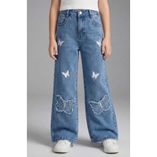 Robin Kids Kız Çocuk Kelebek Nakışlı Likralı Kalın Beli Lastikli Pantolon