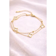 Stainless Steel Yonca Işıltısı – Altın Kaplama Çift Zincirli Premium Çelik Bileklik