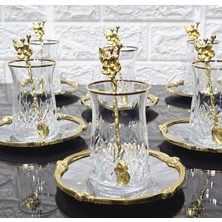 Atabey Home Odin Gerçek Yaldız Gül Çerçeveli ve Kaşıklı Çay Seti 18 Parça - 6 Tabak 6 Bardak 6 Kaşık Gümüş-Gold