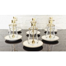 Atabey Home 18 Parça Porselen Tabaklı Çay Seti-6 Bardak-6 Tabak-6 Kelebekkaşık- Eva Bardak Gold Detaylı