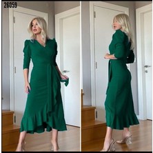 Stelol Kadın Yeşil Krep Kumaş Midi Boy Kuşaklı Uzunkol Elbise