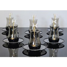 Atabey Home Collection 18 Parça Cam Füme Siyah Eva Çay Seti Beyaz Kelebek Çay Kaşıklı