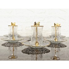 Atabey Home 18 Parça Çay Seti - 6 Bardak 6 Tabak 6 Kelebek Kaşık & Odin Çay Bardaklı & Gold Detaylı