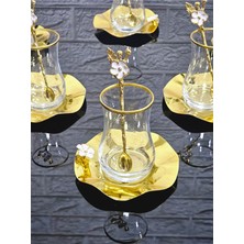 Atabey Home 6 Kişilik Mat Yaldızlı 18 Parça Eva Çay Seti Metal Tabaklı ve Kaşıklı Beyaz Japon Gülü