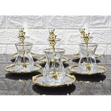 Atabey Home Alya Gerçek Yaldız Gül Çerçeveli ve Kaşıklı Çay Seti 18 Parça - 6 Tabak 6 Bardak 6 Kaşık Gümüş-Gold