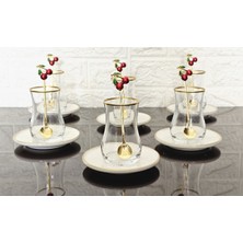 Atabey Home 18 Parça Porselen Tabaklı Çay Seti-6 Bardak-6 Tabak-6 Kiraz Kaşık- Eva Bardak Gold Detaylı