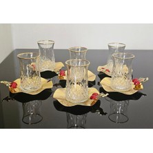 Atabey Home Collection 6'lı Gerçek Altın Yazdızlı Kiraz Dökümlü Metal Tabaklı Çay Seti