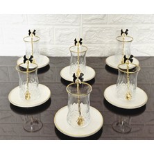 Atabey Home 18 Parça Porselen Tabaklı Çay Seti-6 Bardak-6 Tabak-6 Siyah Kelebek Kaşık Odin Bardak Gold Detaylı