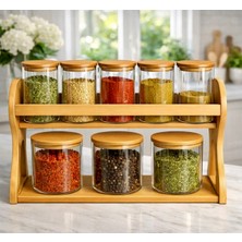 Kitchen Pembelia Bambu Standlı 9’lu Cam Baharat Saklama Kavanoz Seti Baharatlık Takımı Saklama Kabı