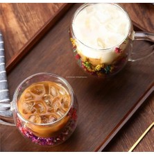 Çift Cidarlı Borosilikat Cam Bardak 2’li Set 250 ml Kurutulmuş Çiçek Detaylı Dayanıklı Kulplu Bardak, Şeffaf Estetik Çay Kahve Bardağı, Isı Yalıtımlı, Dayanıklı Cam Tasarım