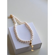 Taşmir Sertifikalı Gerçek Inci Kolye Gül Charm - Altın Kaplama Aparatlar