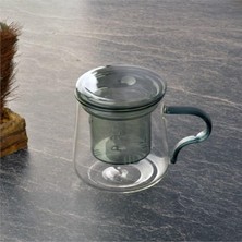 Borosilikat Cam Bitki Çayı Demleme Kupası | Cam Süzgeçli ve Cam Kapaklı Fincan | 350 ml | Tek Kişilik Çay Bardağı (Tombul Uzun Füme Rengi)