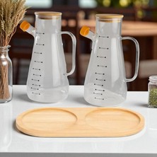 3'lü Yağdanlık Seti Borasilikat Bambu Kapaklı Yağlık Altlığı Ayçiçek Yağı Zeytin Yağı Şişesi 1000 ml