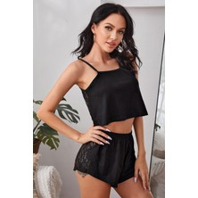 Intive Lingerie Kadın Siyah Arkası Komple Dantel Şortlu Gecelik Takım