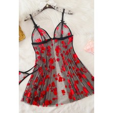 Intive Lingerie Çiçek Desenli Siyah Transparan Gecelik TM1319