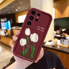 Ucuc Samsung Galaxy S23 Ultra Uyumlu Burgundy Silikon Kılıf Lale Desenli Kamerayı Koruyan Anti-Çarpma Tasarım