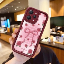 Ucuc Xiaomi Redmi 12  Uyumlu Gül Bow Deseni Kamera Koruma ve Şok Emici Bordo Koruyucu Kılıf