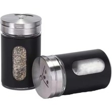 2'li Ayarlanabilir Metal Gövdeli Cam Tuzluk ve Baharatlık Seti - Şık ve Dayanıklı Tasarım, Mutfakta Pratik Kullanım (Siyah, 8 Cm)