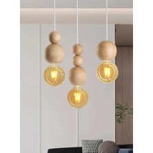 Ahşap Detaylı Modern Rustik Sarkıt Avize Şık ve Doğal Tasarım Salon Oturma Odası (Beyaz-Ahşap)