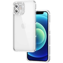 Efura iPhone 12 Kılıf Kamera Korumalı Taşlı Efr Mina Kapak-Gümüş
