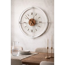 Wallover Design Büyük Boy Jumbo Sessiz Duvar Saati, Beyaz/ceviz Detaylı Sessiz Metal (Paslanmaz) Duvar Saati 55X55