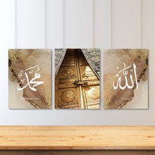 Artarilion Dikey 3'lü Allah  Hz. Muhammed (Sav)  Kâbe Kapısı 3’lü Kanvas Tablo Seti Dini Manevi Duvar Tablosu