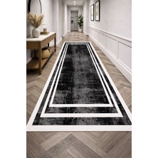 Emiroğlu Siyah Zemin Beyaz Şerit Yıkanabilir Kaymaz Taban Süngerli Yolluk Halı–Dijital Baskı,Şık Tasarım