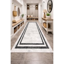 Emiroğlu Krem Zemin Beyaz Şerit Özel Süngerli Yüzey Kaymaz Taban Yolluk / Halı